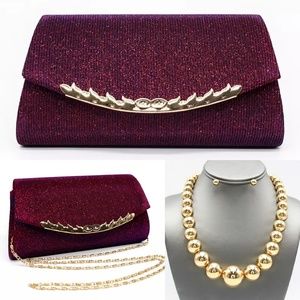 SHIMMER BURGUNDY NECKLACE EARRINGS JEWELRY PURSE